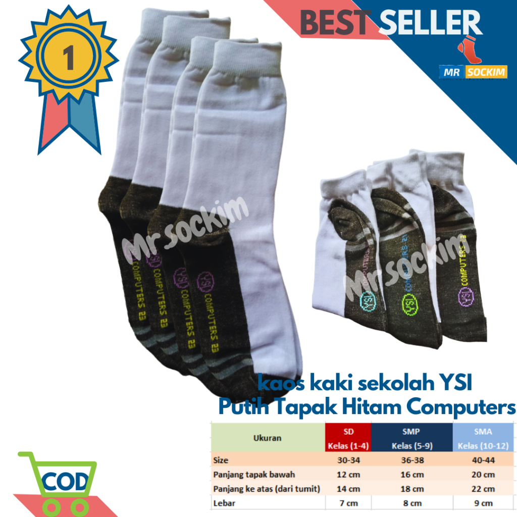 Kaos Kaki Sekolah Sd Smp Sma Putih Tapak Hitam YSI Computers Spandek