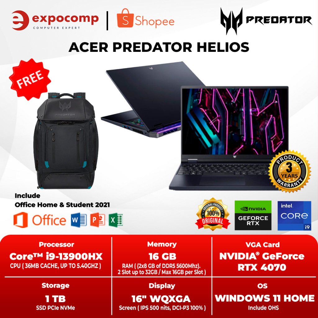 ACER PREDATOR HELIOS PH16-71-99ZW BLACK CORE i9-13900HX RTX4070 8GB 1TB 16GB W11+OHS