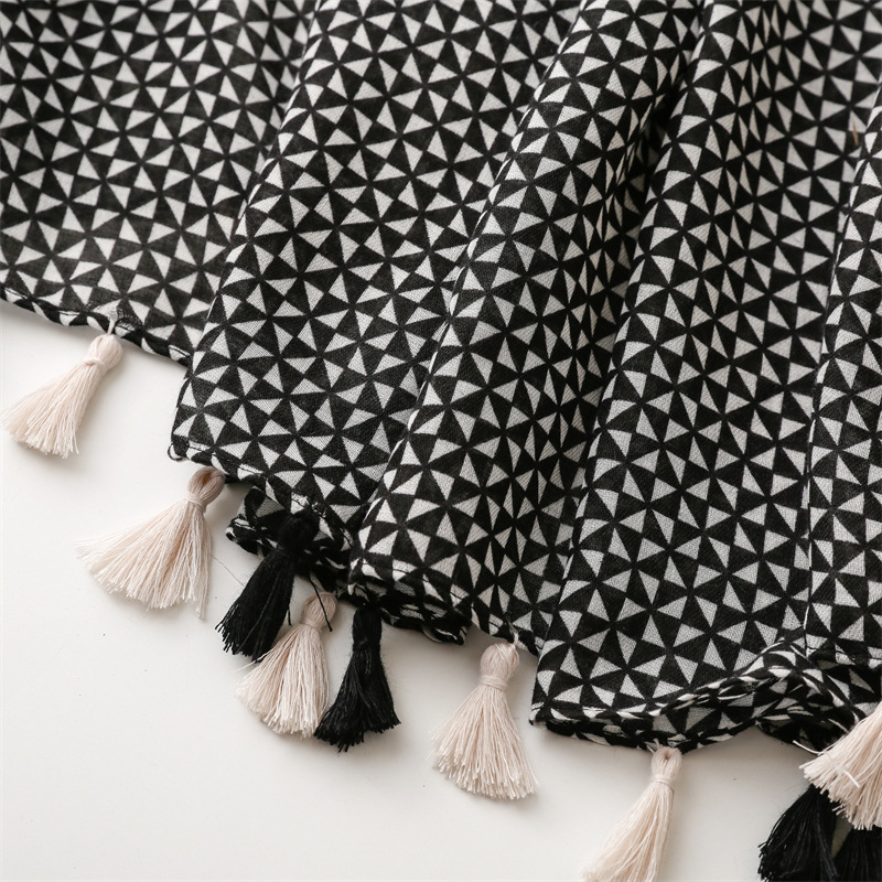 ITSFRIDAY MANDA Scarf - Premium Pashmina Shawl Selendang Syal Pasmina Hijab Import Motif Geometri Black and White Tassel