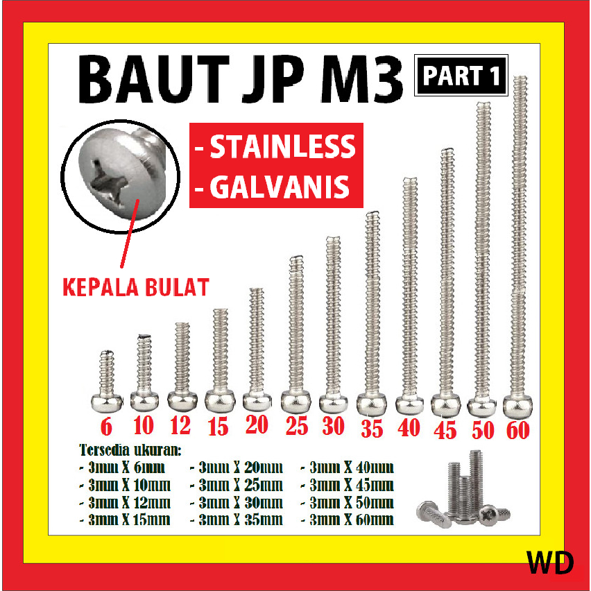 BAUT OBENG BAUD JP M3 GALVANIS SEKRUP KEPALA BULAT 4 6 8 10 12 15 20 25 30 35 40 45 50 60mm