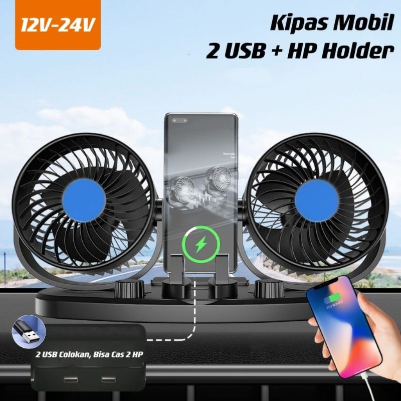 Kipas Angin Mobil 12V-24V 2 USB Dan HP Holder Phone Holder / Kipas Mobil 2 Kipas Fan 360° / Pendingin Aksesoris Mobil⭐ IM ⭐