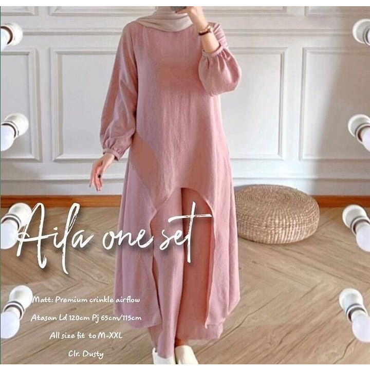 Stelan Wanita Terbaru Dan Terpopuler Aila One Set Kekini Fashion Muslim Wanita Setelan Crinkle Jumbo Polos Exlusive