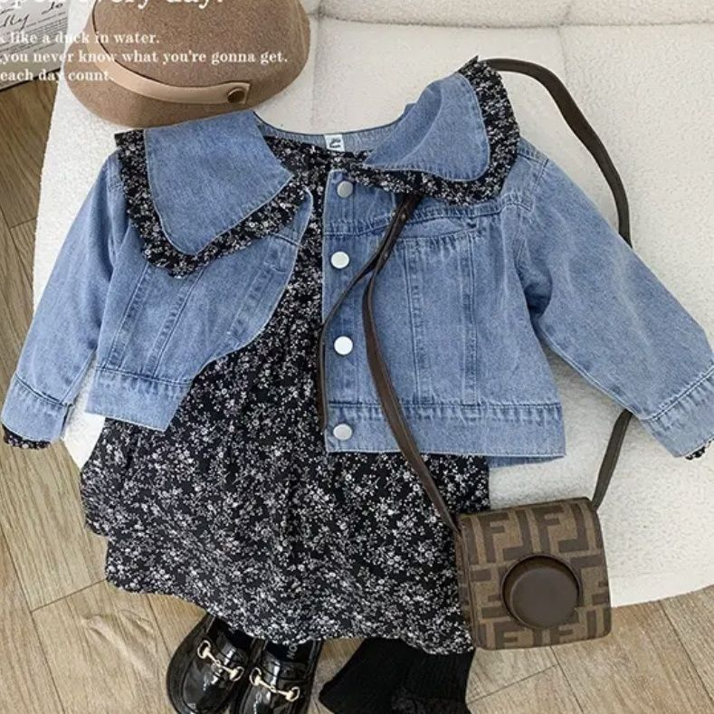 DR42-Dress Anak Perempuan Black Flower + Outer Jeans