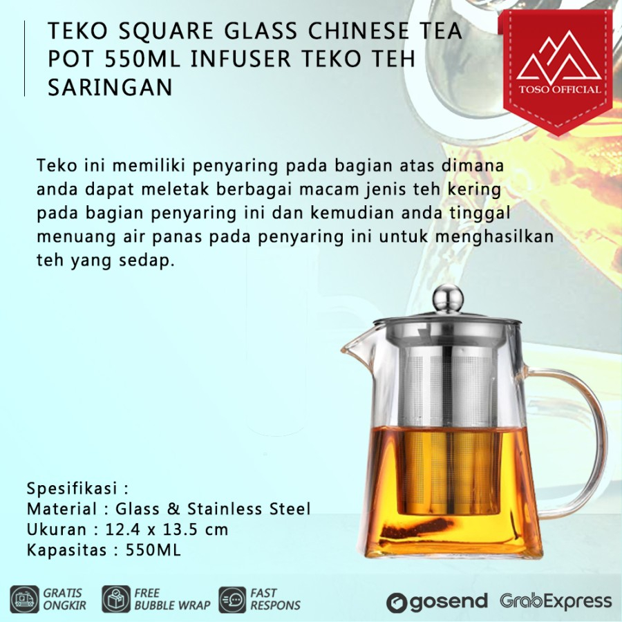 

TEKO SQUARE GLASS CHINESE TEA POT 550ML INFUSER TEKO TEH SARINGAN