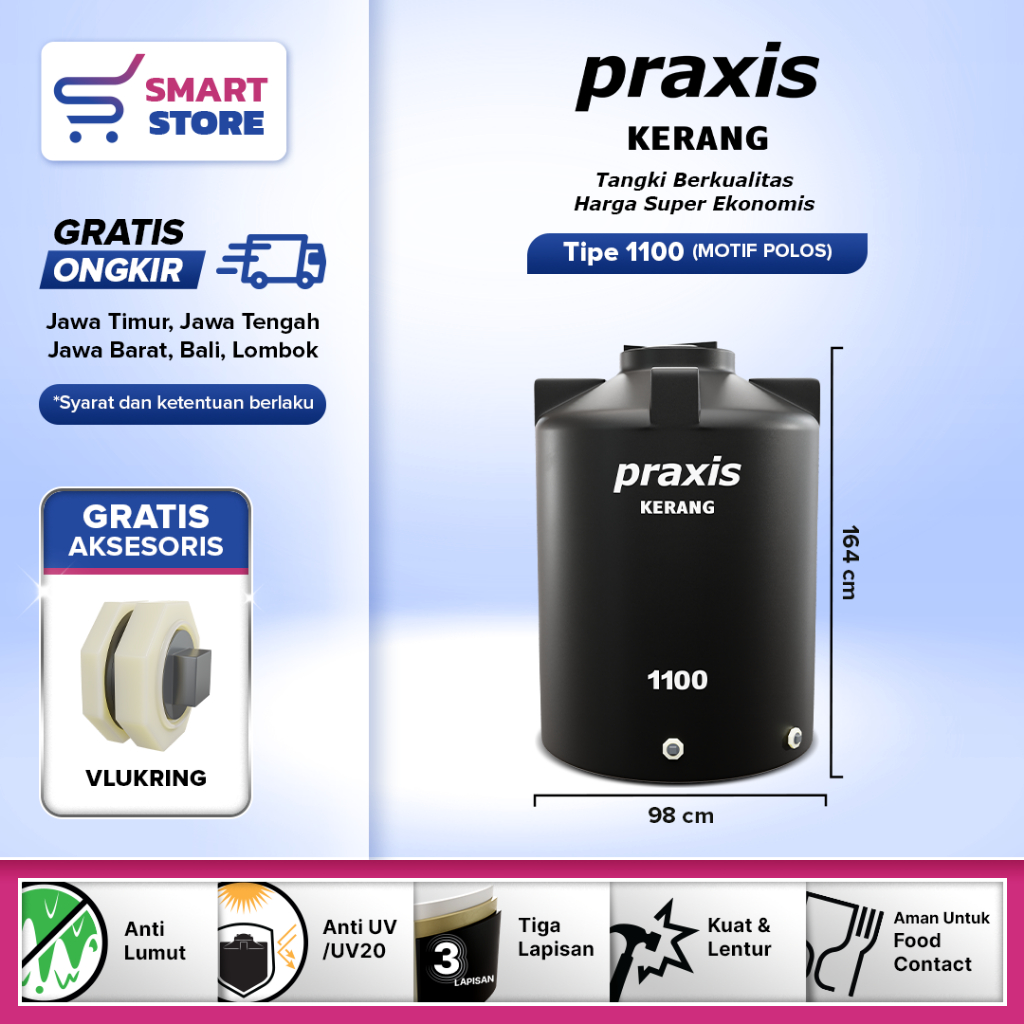 TANDON TOREN TANGKI AIR PRAXIS 350-1100L ANTI LUMUT BAHAN KUAT LENTUR