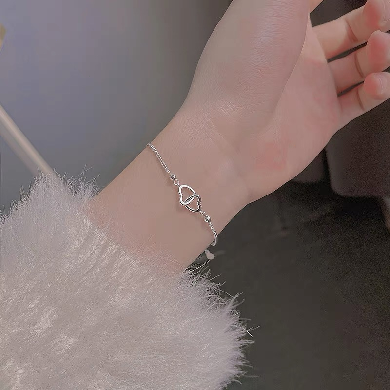 COD❤️ Double Heart Shape Fashion Indah Mengkilap Manis Gelang Perhiasan Wanita-A.one