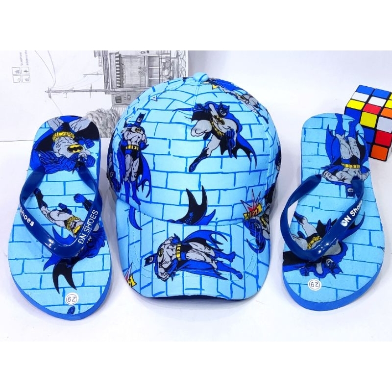 Paket Sandal Jepit Anak Cowok Topi Baseball Anak Laki laki motif Batman