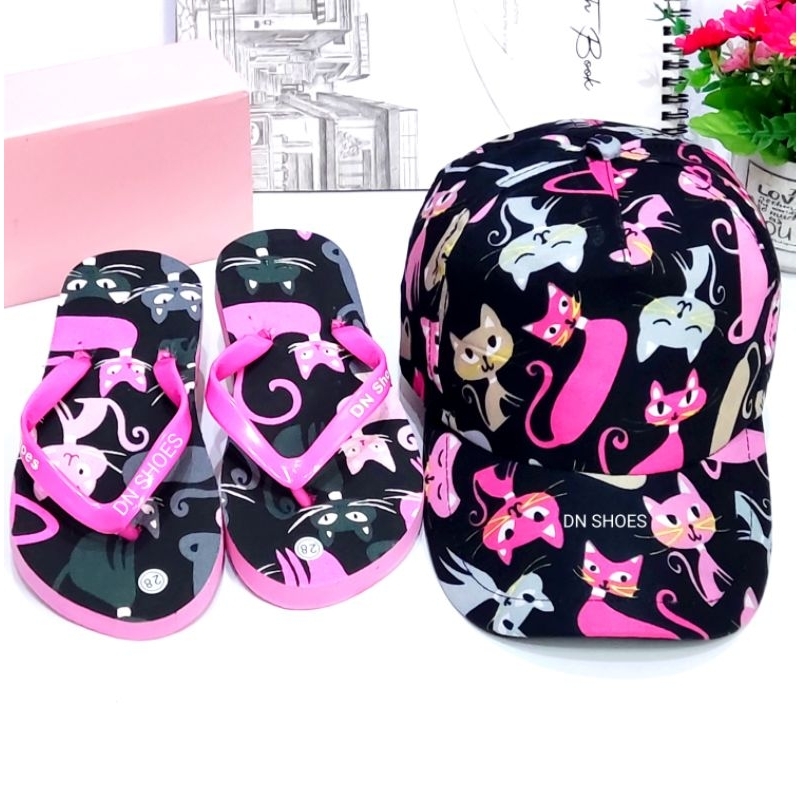 Paket Sandal Anak Cewek Topi Anak Perempuan Jepit Anak Motif Kucing Hitam Lucu 1 - 10 tahun