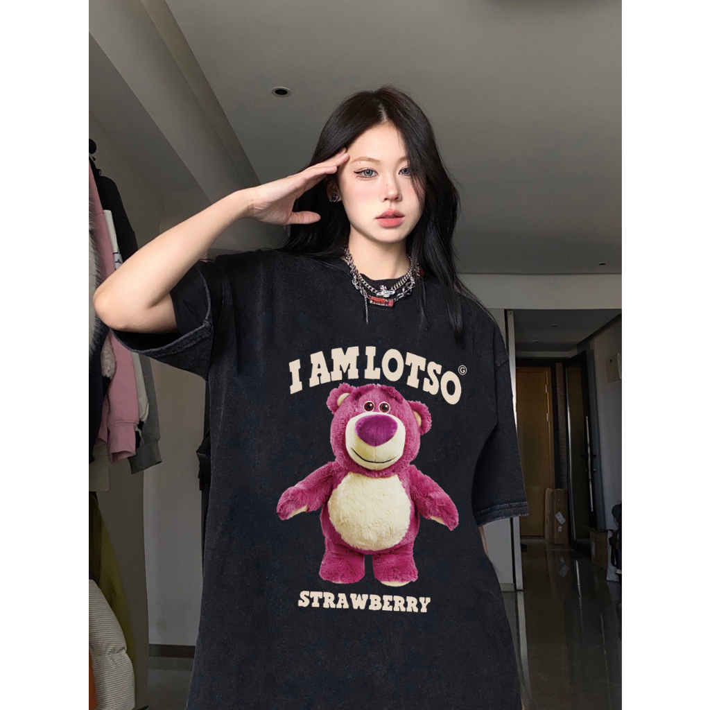 RDGF Washed oversized Strawberry Bear T-shirt baju atasan wanita terbaru kaos wanita korean style kaos uniqlo t shirt black/A0921