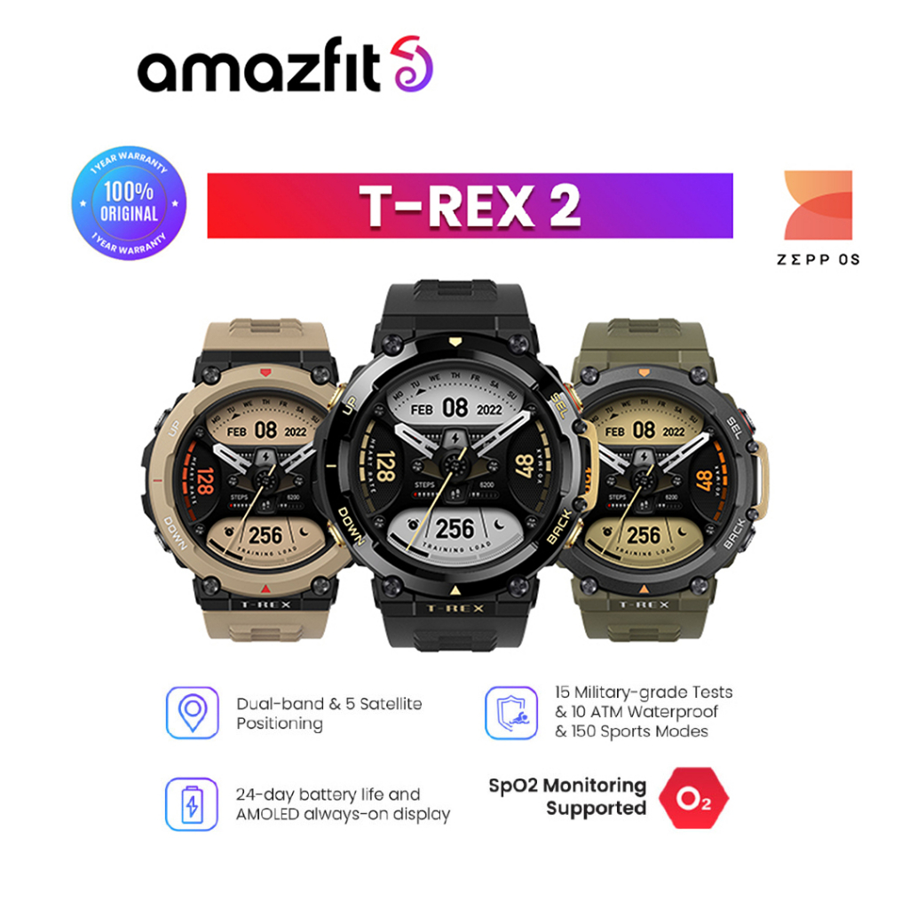 Amazfit T-Rex 2 SmartWatch 1.39’’ AMOLED Always-On display, 5 ATM waterproof ,5 Satellite Navigation, Military-grade Toughness Fitness Watch with Heart Rate, Sleep, 150+ Sports Modes,24 day Battery Life