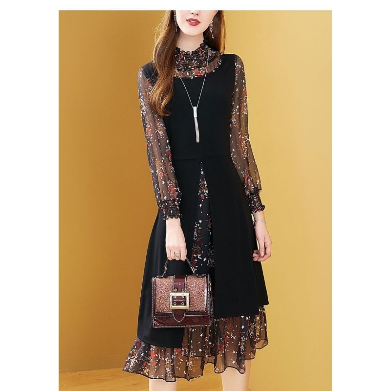 Dress spring and autumn fashion temperament new slim fake two-piece mid-length chiffon floral M509