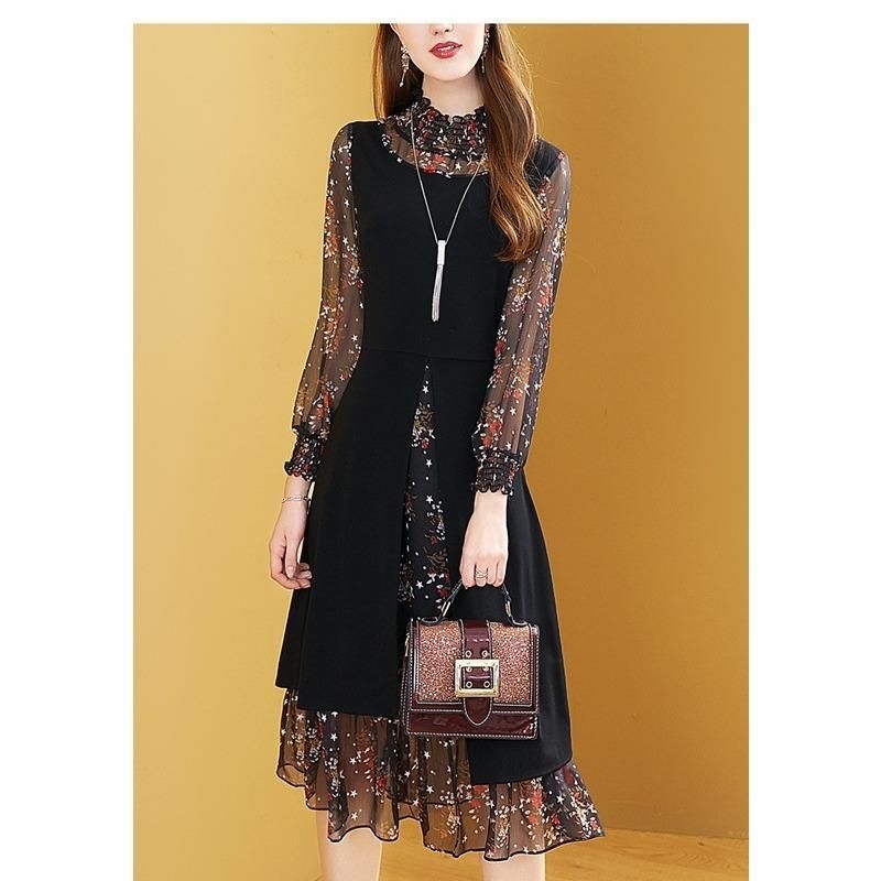 Dress spring and autumn fashion temperament new slim fake two-piece mid-length chiffon floral M509