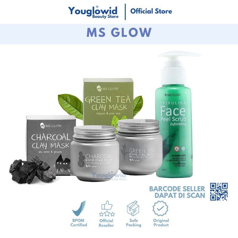 【Official Store】MS GLOW Clay Mask Charcoal Green Tea Pore Face Peel Scrub Msglow Masker Wajah Pencerah Pemutih Kulit Wajah Kering Oily Sensitif Anti Bakteri Jerawat Noda Hitam Flek Bekas Jerawat Perbaiki Skin Barier Anti Aging Glowing Whitening Viral BPOM