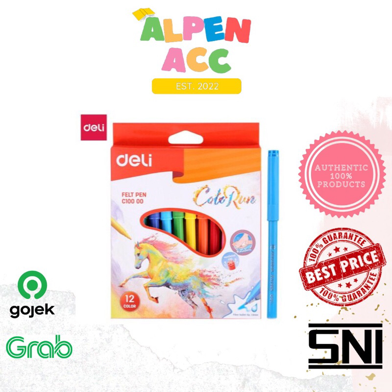 

Deli felt pen 12 colors / spidol pen cuci Warna Bullet Tip 1.0 mm Non-Toxic Mudah Dicuci