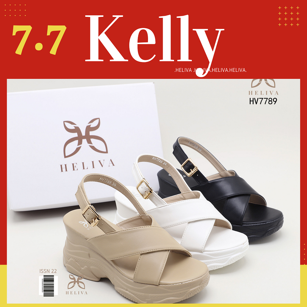 HELIVA KELLY Sepatu Wedges Sol 8cm Tinggi Sling Back Cross Straps Bahan Kulit HV7789 Original Brand