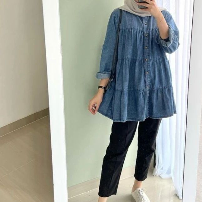 Zahra Blouse Semi Tunik Jeans Atasan Wanita Kerah Sanghai Lengan Panjang Busui OOTD Remaja Dewasa Viral