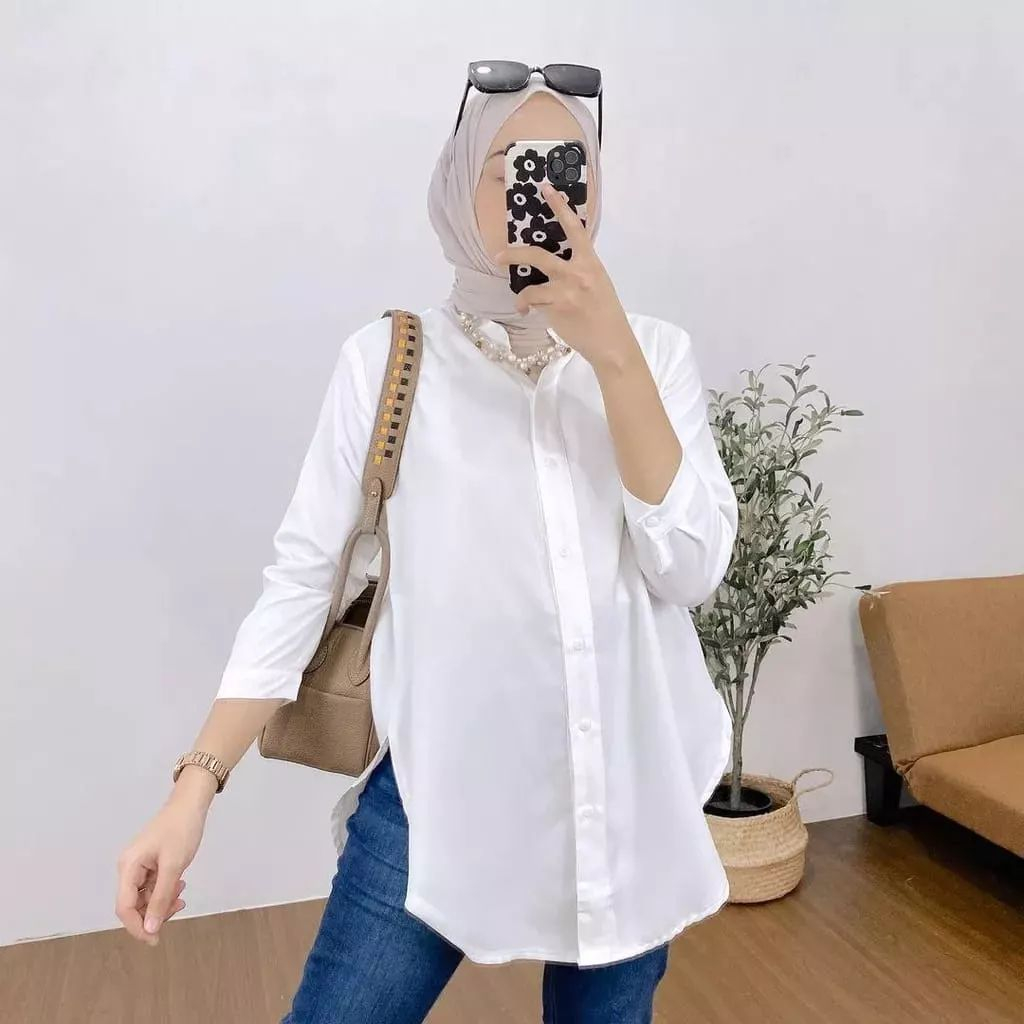 Serra Blouse kemeja bahan katun Twill oversize atasan  wanita terkini - kemeja polos  lengan panjang