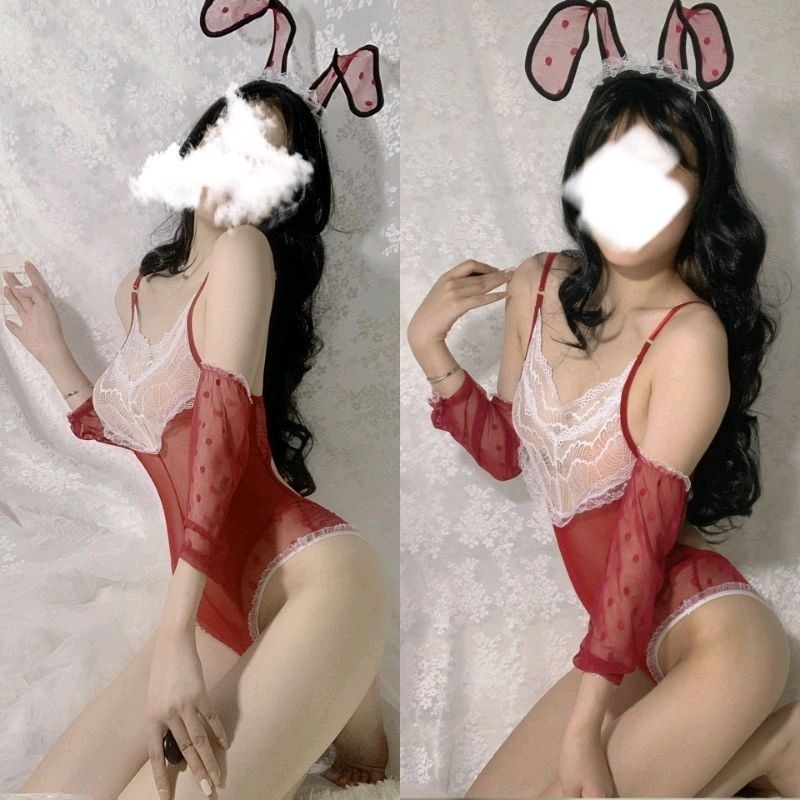 Lingerie Kostum Kelinci Teddy Open Crotch Bunny Girl Set Bando Aksesoris Warna Dual Tone