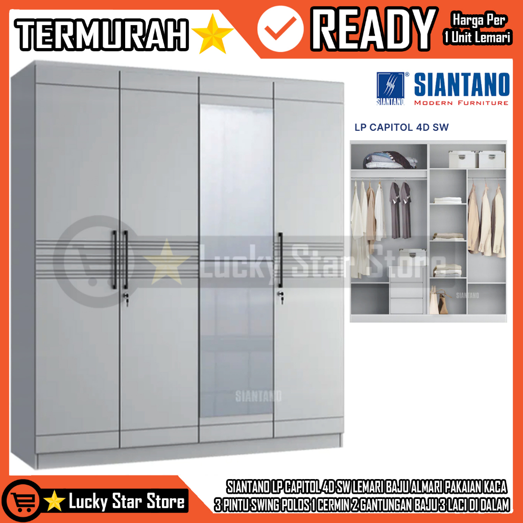 (INSTANT) SIANTANO LP CAPITOL 4D SW LEMARI BAJU ALMARI PAKAIAN KACA 3 PINTU SWING POLOS 1 CERMIN 2 G