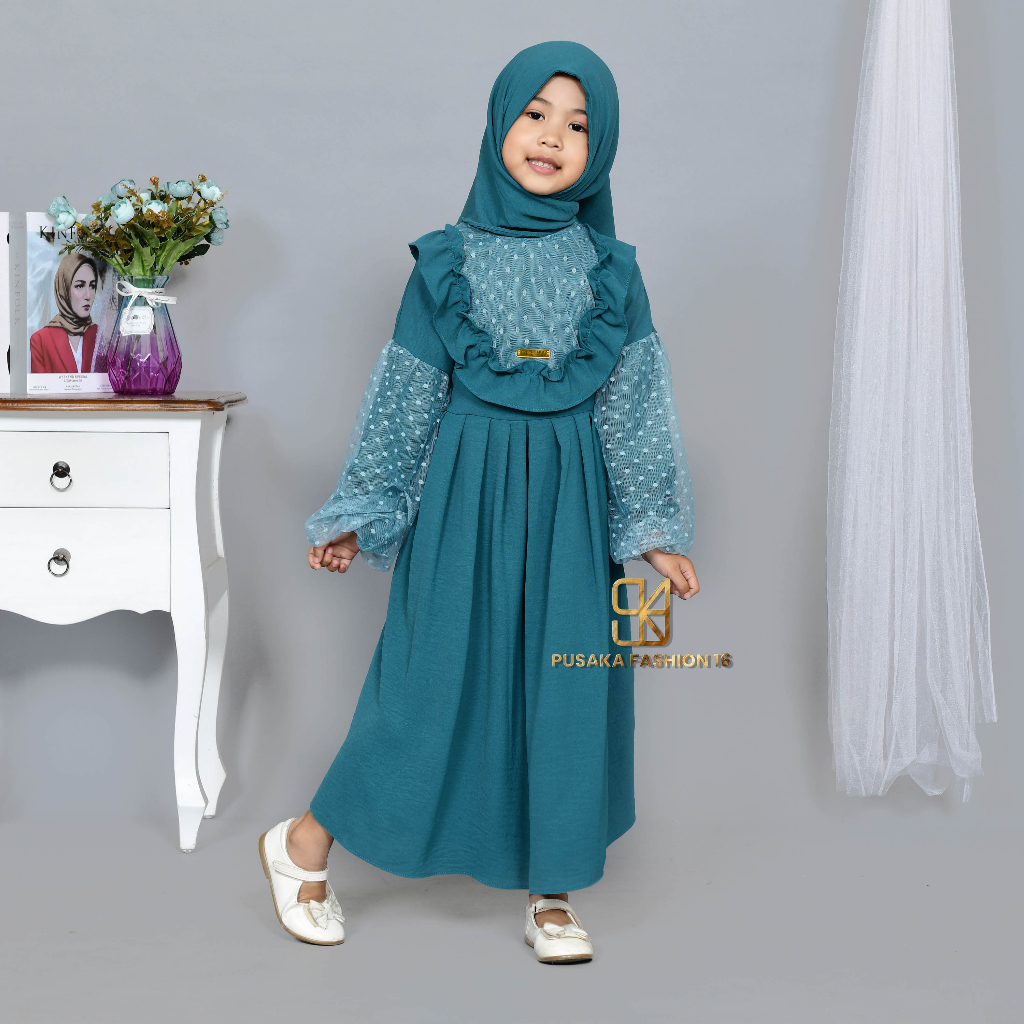 YUR4 KIDS baju gamis syari anak perempuan FREE HIJAB cringkle MIX TULLE TILLE TILE BROKAT BRUKAT BROKAT fashion muslim terbaru  PASHMINA INSTANT modern dres stelan kerudung serut susun 2 - 9 tahun manasik mengaji maulid nabi  kekinian