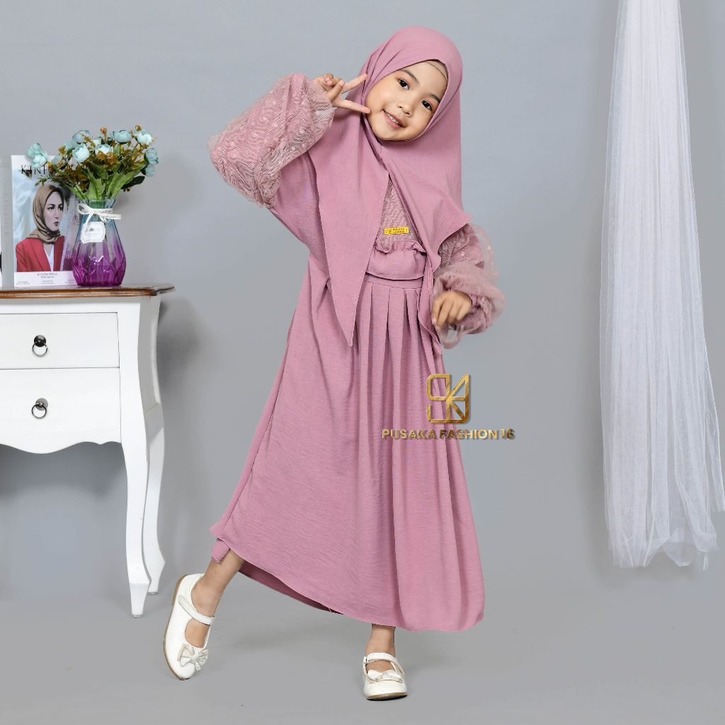 YUR4 KIDS baju gamis syari anak perempuan FREE HIJAB cringkle MIX TULLE TILLE TILE BROKAT BRUKAT BROKAT fashion muslim terbaru  PASHMINA INSTANT modern dres stelan kerudung serut susun 2 - 9 tahun manasik mengaji maulid nabi  kekinian