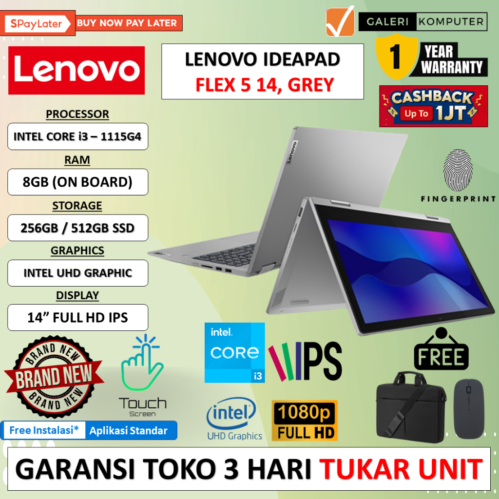 LENOVO IDEAPAD FLEX 5i Intel Core i3 1115G4 8gb 512GB SSD Touchscreen Windows 11 Home