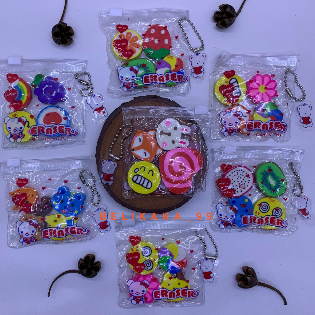 (4 PCS) PENGHAPUS ANAK ANAK MOTIF KARAKTER LUCU ISI 4 / PENGHAPUS MINI KARAKTER / ERASER CARACTER / PENGHAPUS PENSIL MOTIF ANIMAL DAN BUAH