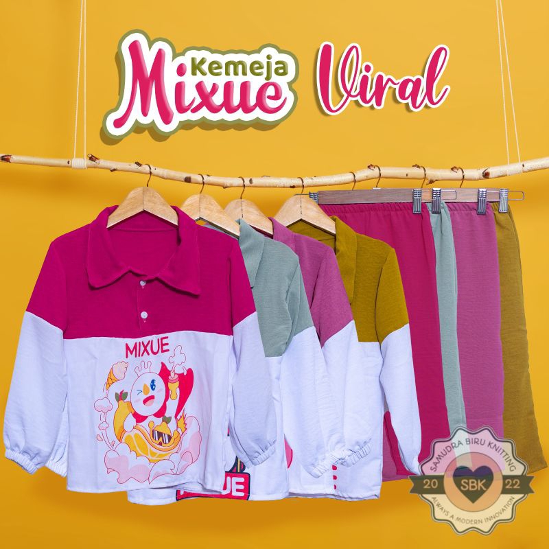 Setelan Mixue Anak Perempuan KEMEJA Crinkle Viral Mixue | Baju Kemeja Anak Bahan Crinkle Airflow