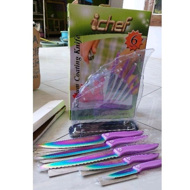 Set Pisau Titanium Coating Knife iChef IFA cookware 6 in 1 stainless steel tajam anti karat pelangi 