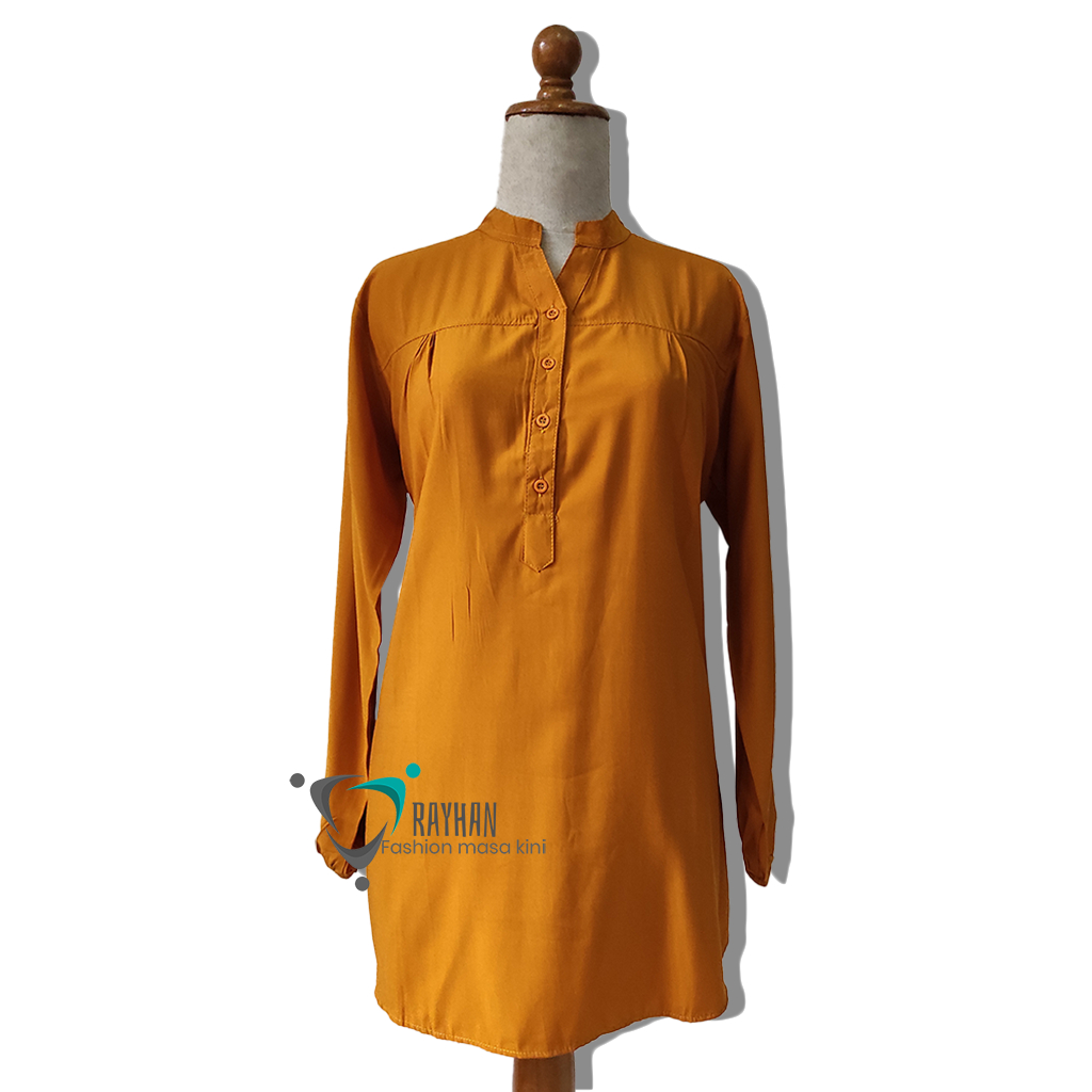 Baju atasan Wanita Polos Kuning Kunyit Kemeja Blouse Terbaru Lengan Panjang Jumbo Size Busana Muslim
