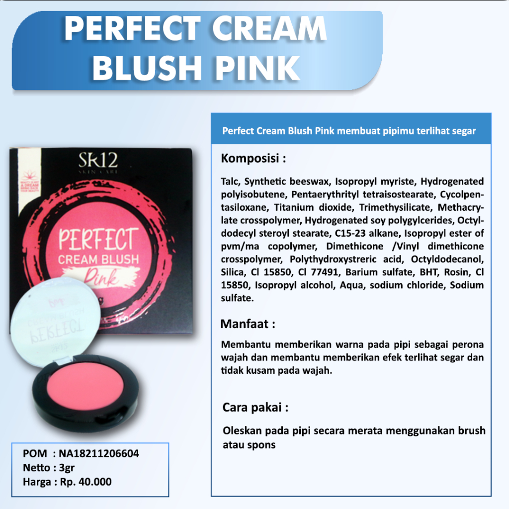 Perfect Cream Blush On SR12 Pemerah warna pink dan peach perona pipi | BlushOn membantu menutupi bekas jerawat dan noda hitam di wajah