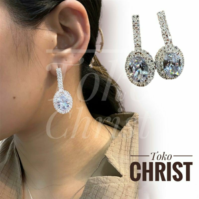 anting giwang tusuk model zara permata besar jumbo cantik tusuk tetesan air kotak bulat mata emas go