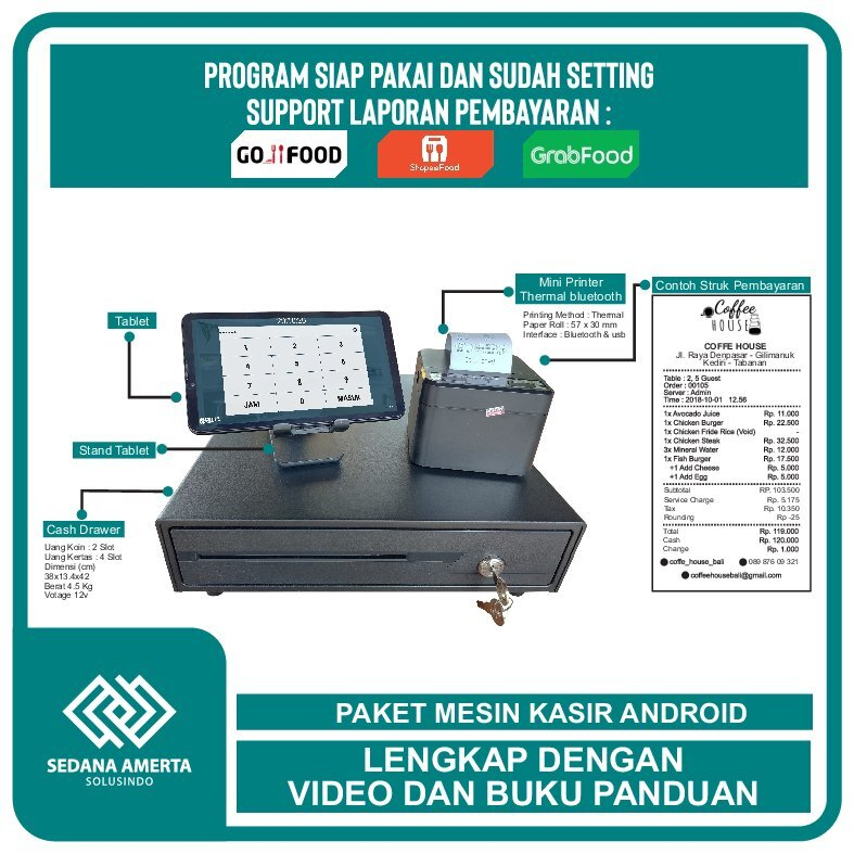 Paket Mesin Kasir Android POS Tablet/Tab  8 Inch 3/32 GB - PAKET LENGKAP : Tab, Laci Uang/Cash drawer &amp; Printer Thermal 58mm - cocok untuk Restaurant, Cafe,Resto,  Barber Shop, Vape Store, Retail, coffe