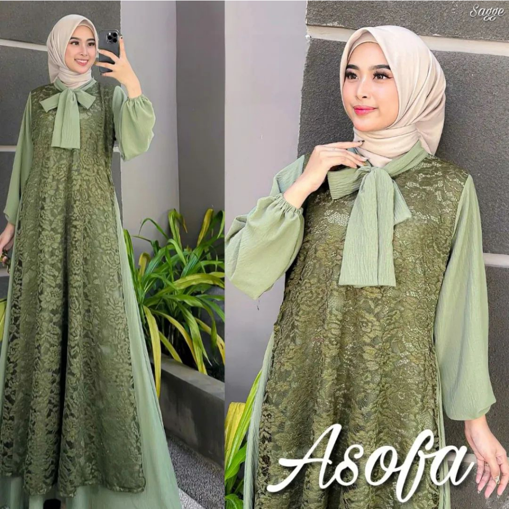 Asofa Dress Baju Muslim Kondangan Gamis Dress Pesta Mewah Dan Elegan Bahan Crinkle Airflow Mix Cornelli Zipper Depan Cutting Line A Umbrella