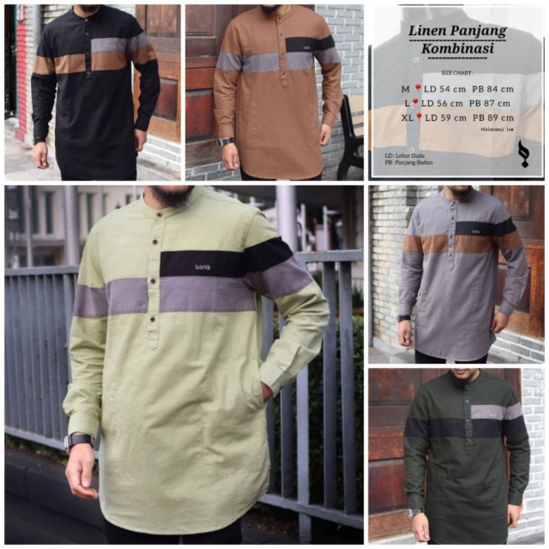 Saviq Baju Koko Kurta Muslim Pria Dewasa Kombinasi Lengan Panjang