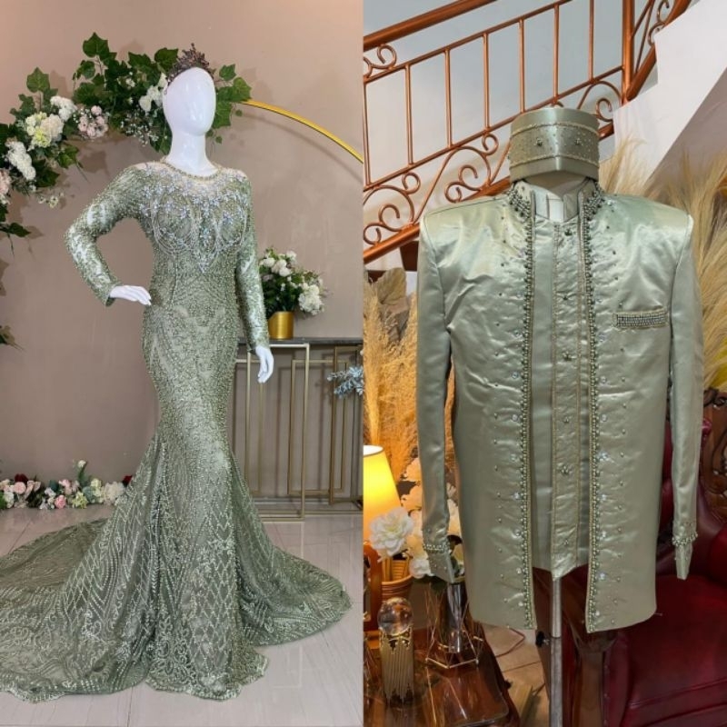 SEPASANG CAUPLE GAUN  PENGANTEN  SLIM DRES CHANTYLI PREMIUM //CAUPLE SLIM DRESS WEDDING /BAJU PENGANTIN COUPLE/KEBAYA PENGANTIN BEREKOR/GAUN SLIM MEWAH/GAUN MODREN