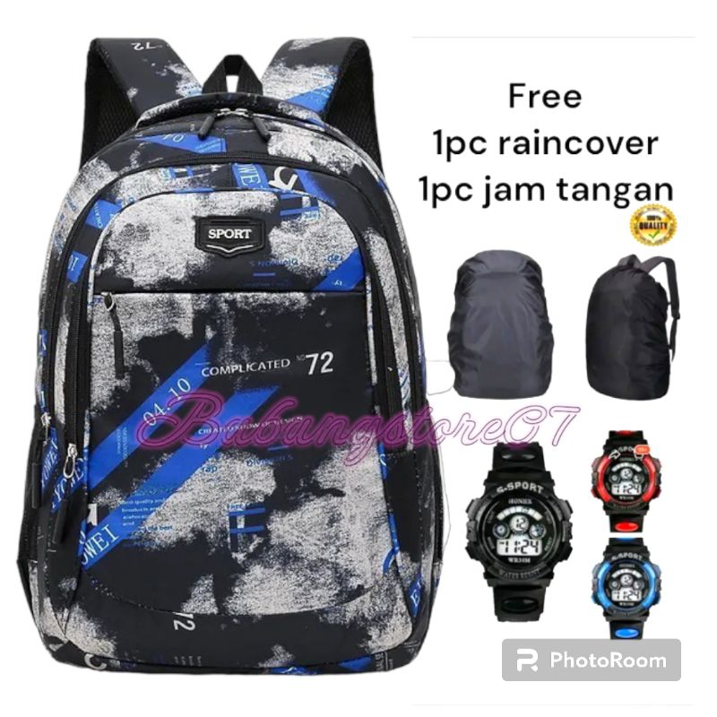TAS SEKOLAH ANAK LAKI-LAKI FREE JAM DAN RAINCOVER SD-SMP-SMA KAPASITAS BESAR / Ransel Pria Banyak Bo