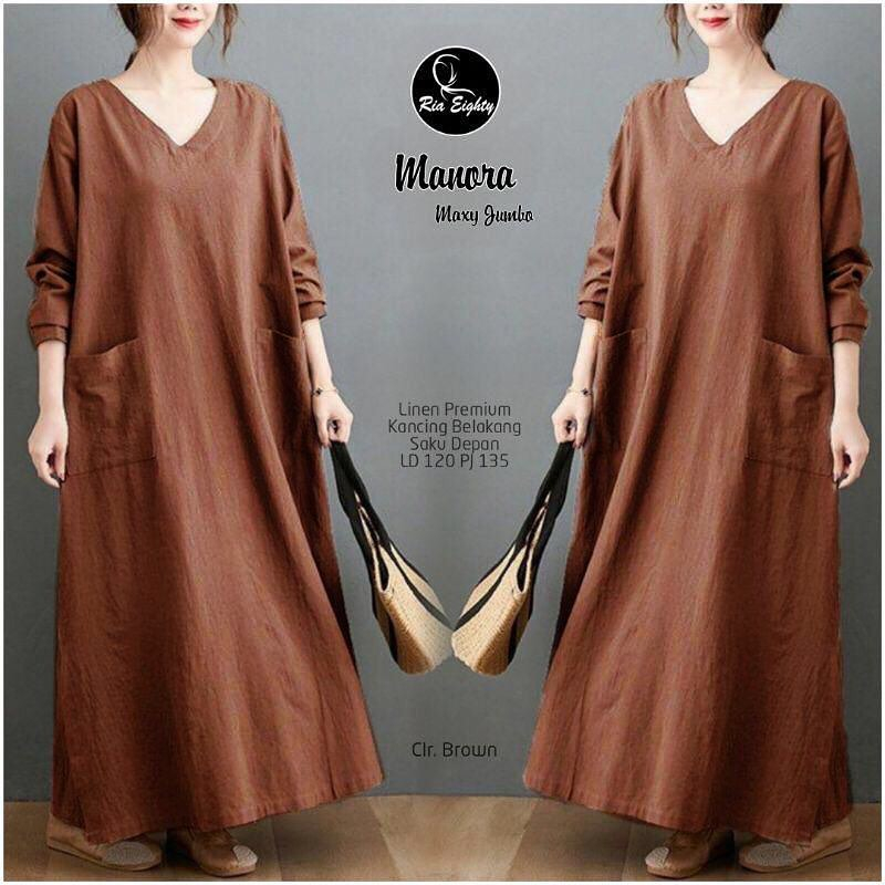 Manora Maxy Dress Korean Style Jumbo Ld120CM Baju Wanita Lengan Panjang Bahan Linen Rami