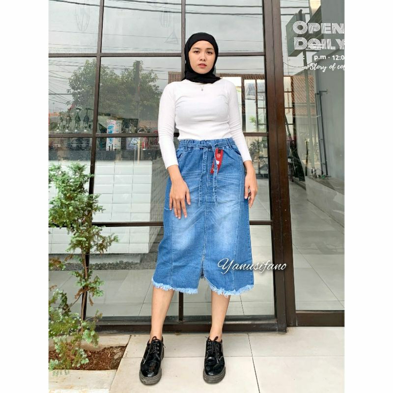 Rok Jeans Span 7/8 RENSI // Rok Pendek Jeans Stretch bawah belah rawis