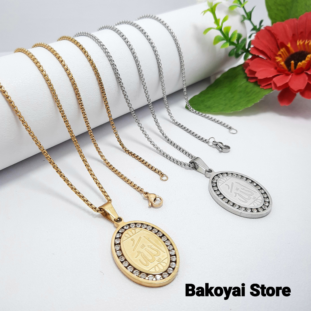 Rantai Kalung Pria Titanium Model Rolo Liontin Lafadz Allah Titanium Anti Karat Pria Wanita