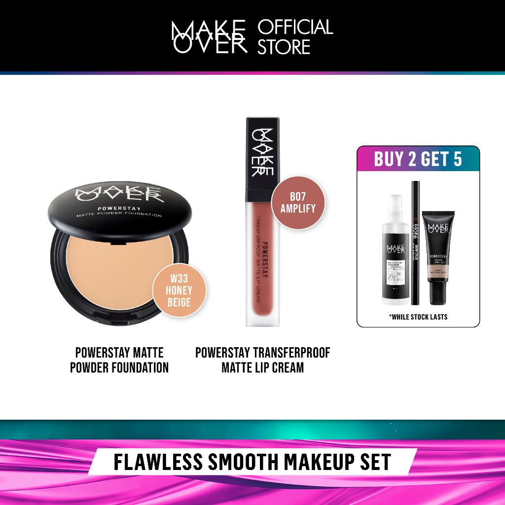 Make Over Flawless Smooth Makeup Look : 24H Powerstay Matte Powder Foundation, Transferproof Matte Lip Cream