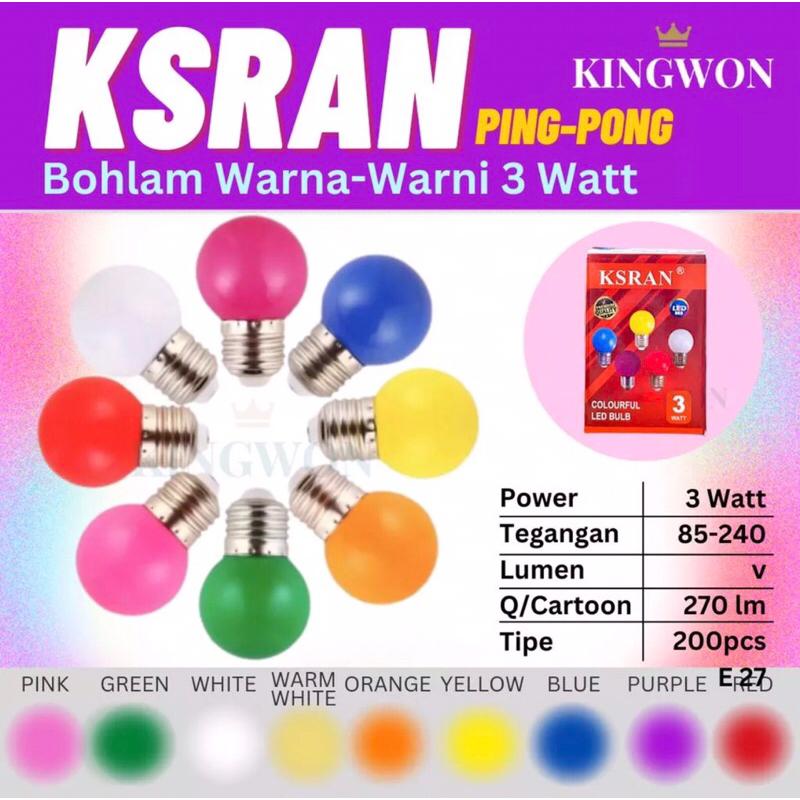 LAMPU LED HIAS WARNA WARNI 3 WATT LAMPU BOHLAM WARNA WARNI LED 3W LED