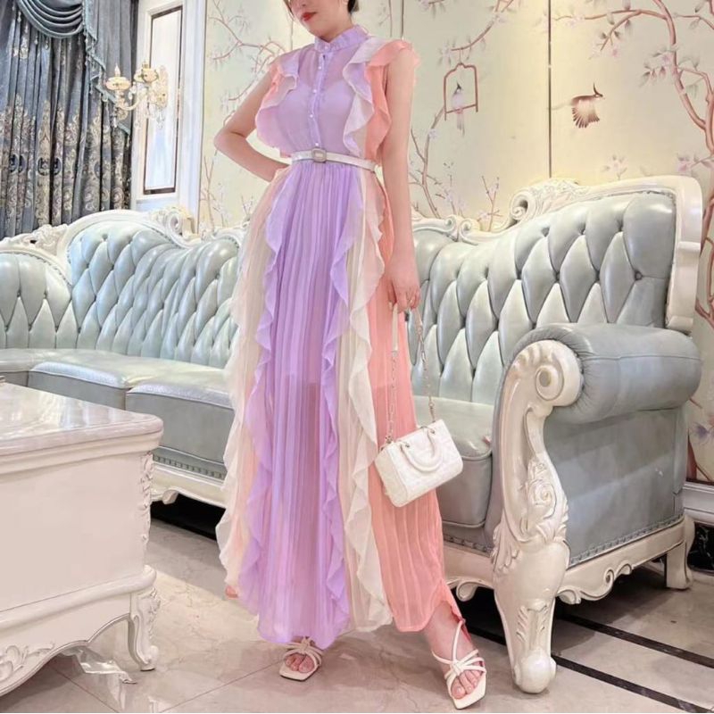 12620 Baju maxidress longdress MIMOSA PATCHWORK PLEATED PLISKET RUFFLE tanpa lengan lekbong dres Kor