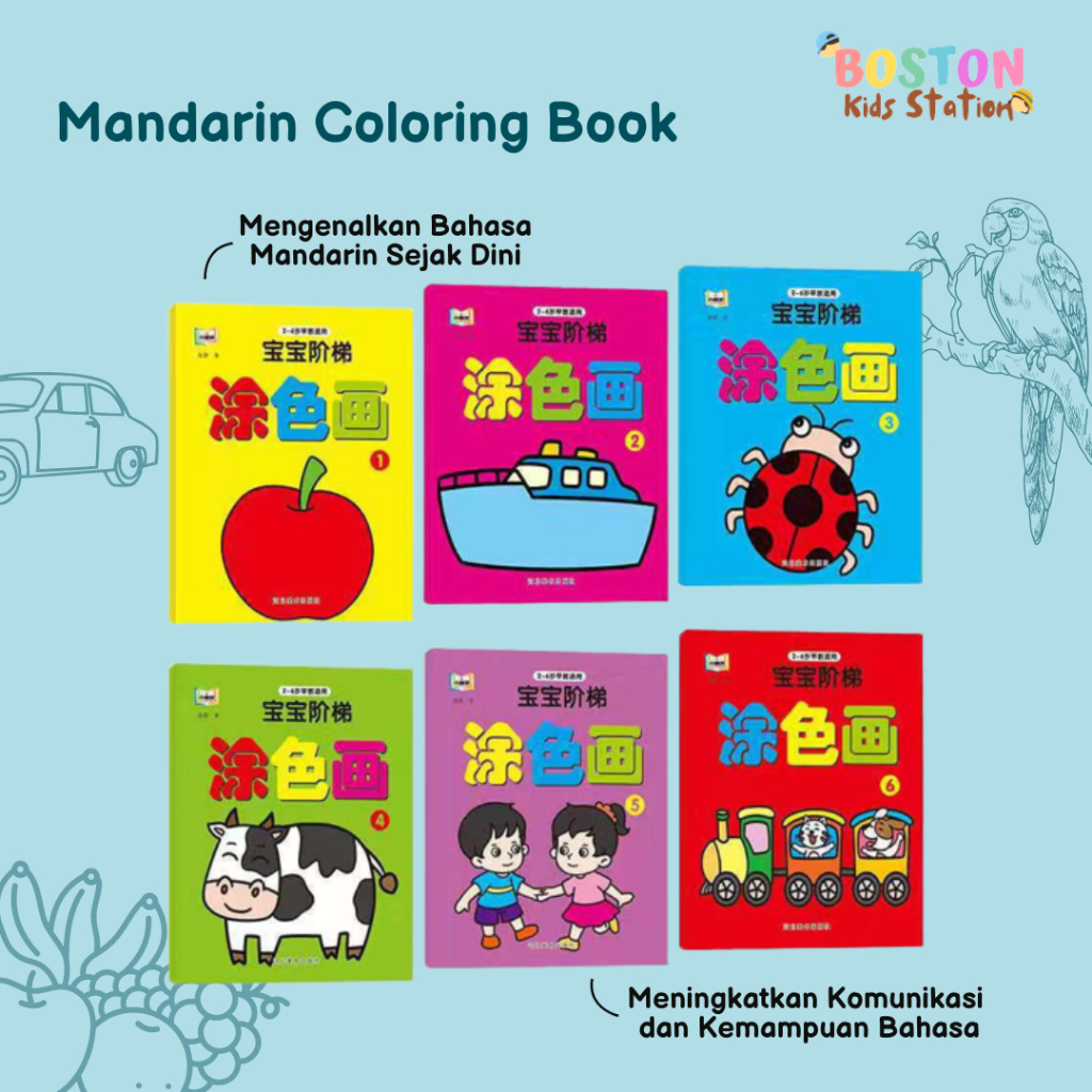 BOSTON - Mandarin Coloring Book | Buku Mewarnai Anak Bahasa Mandarin | Buku Bahasa | Buku Edukasi An