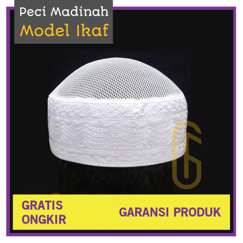 Peci Madinah Kombinasi Jaring Model Ikaf Warna Putih dan Hitam