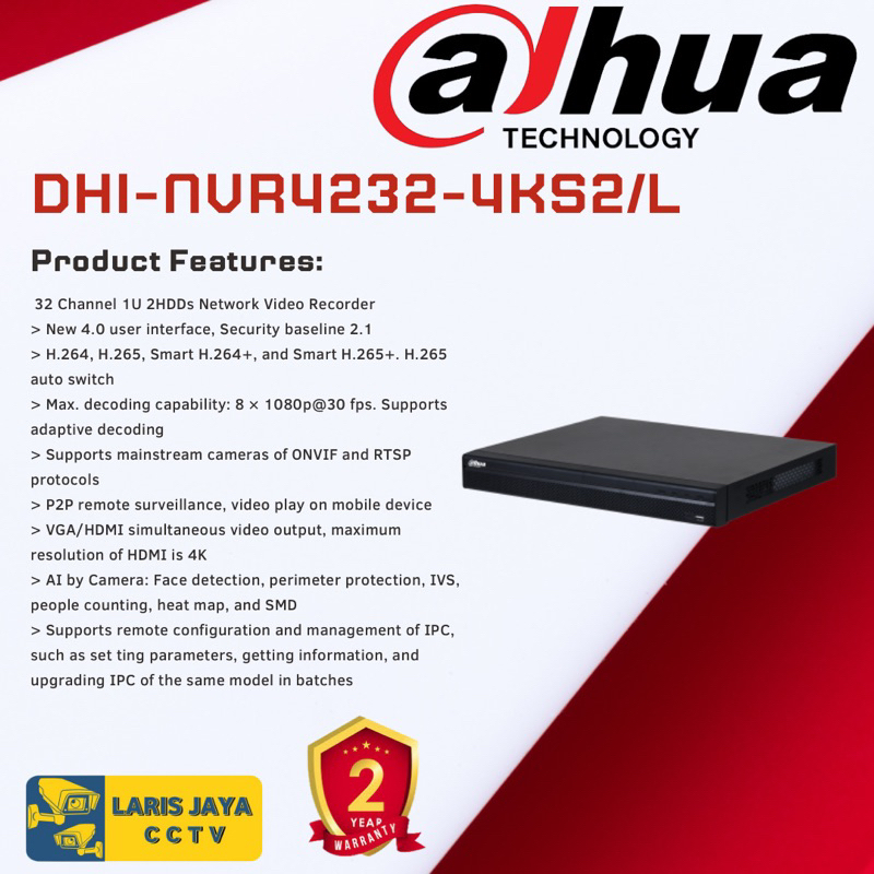 NVR DAHUA 32CH 32 CHANNEL DHI-NVR4232-4KS3  2 SATA UP TO 8MP