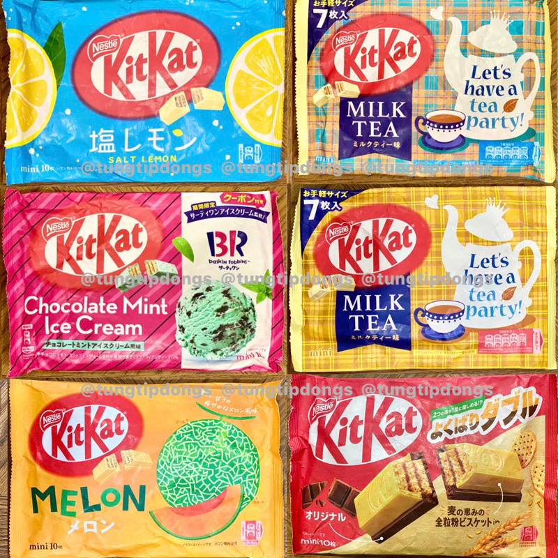 

KitKat Mini Yokubari Double Whole Grain Biscuit & Original Salt & Lemon Milk Tea BR Chocolate Mint Melon Sakura & Roasted Soybean Strawberry Shortcake CNY Dragon Apple Pie Halloween