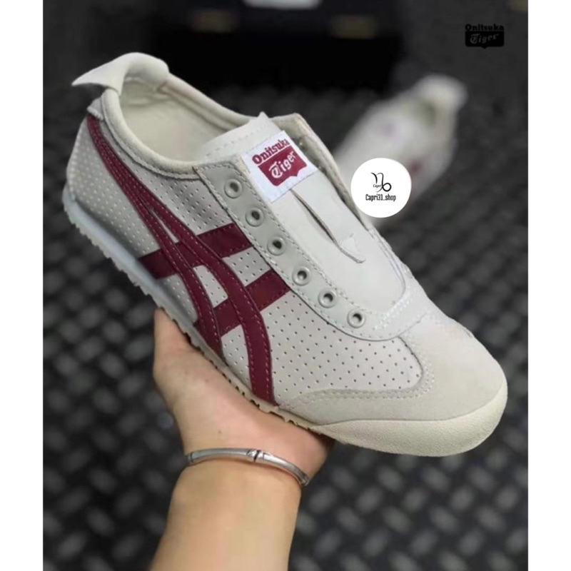 Sepatu Onitsuka Slip On Leather Cream Maroon Free Kaos Kaki