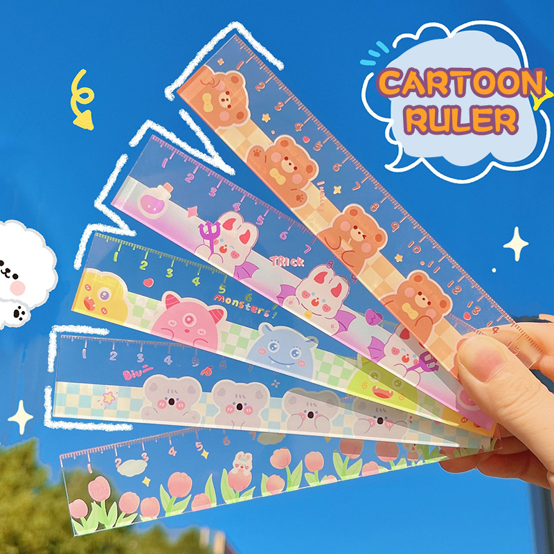 

❤️COD 15cm Bear Rabbit Ruler Multifungsi Diy Alat Gambar Siswa Kartun Penggaris Double-Yy