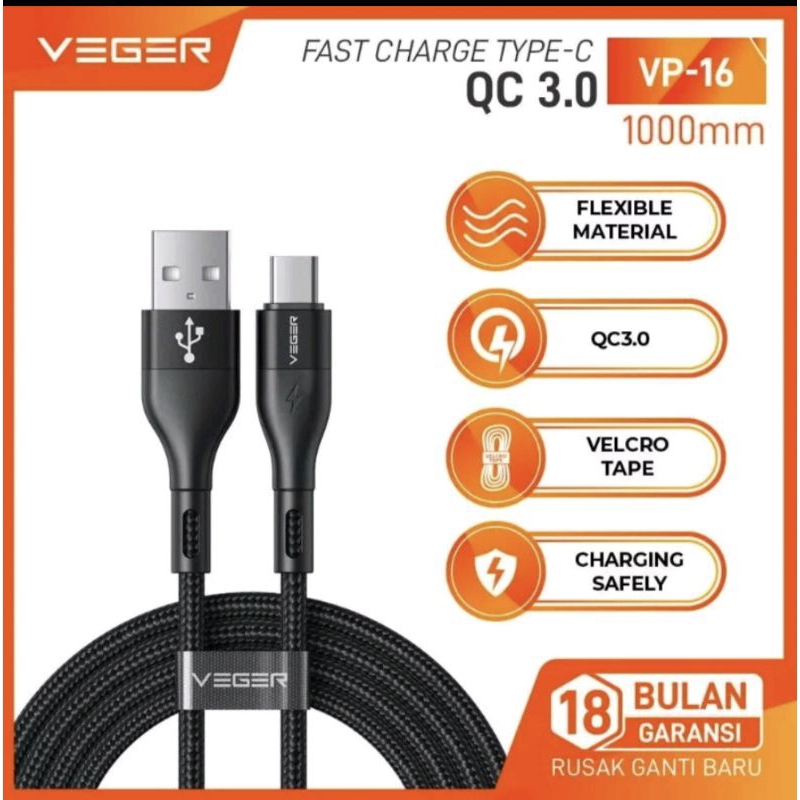 Veger kabel data VP-15 MICRO / VP-16 TYPE C QC3.0 Fast charging 1meter original VEGER
